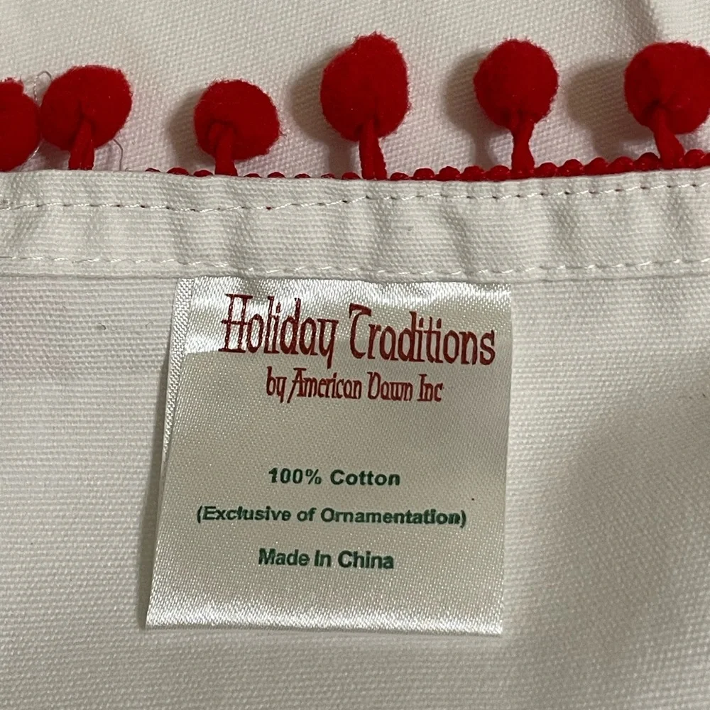 White Holiday Guest Towel Embroidered Reindeer HO HO HO Red Pom Pom Trim